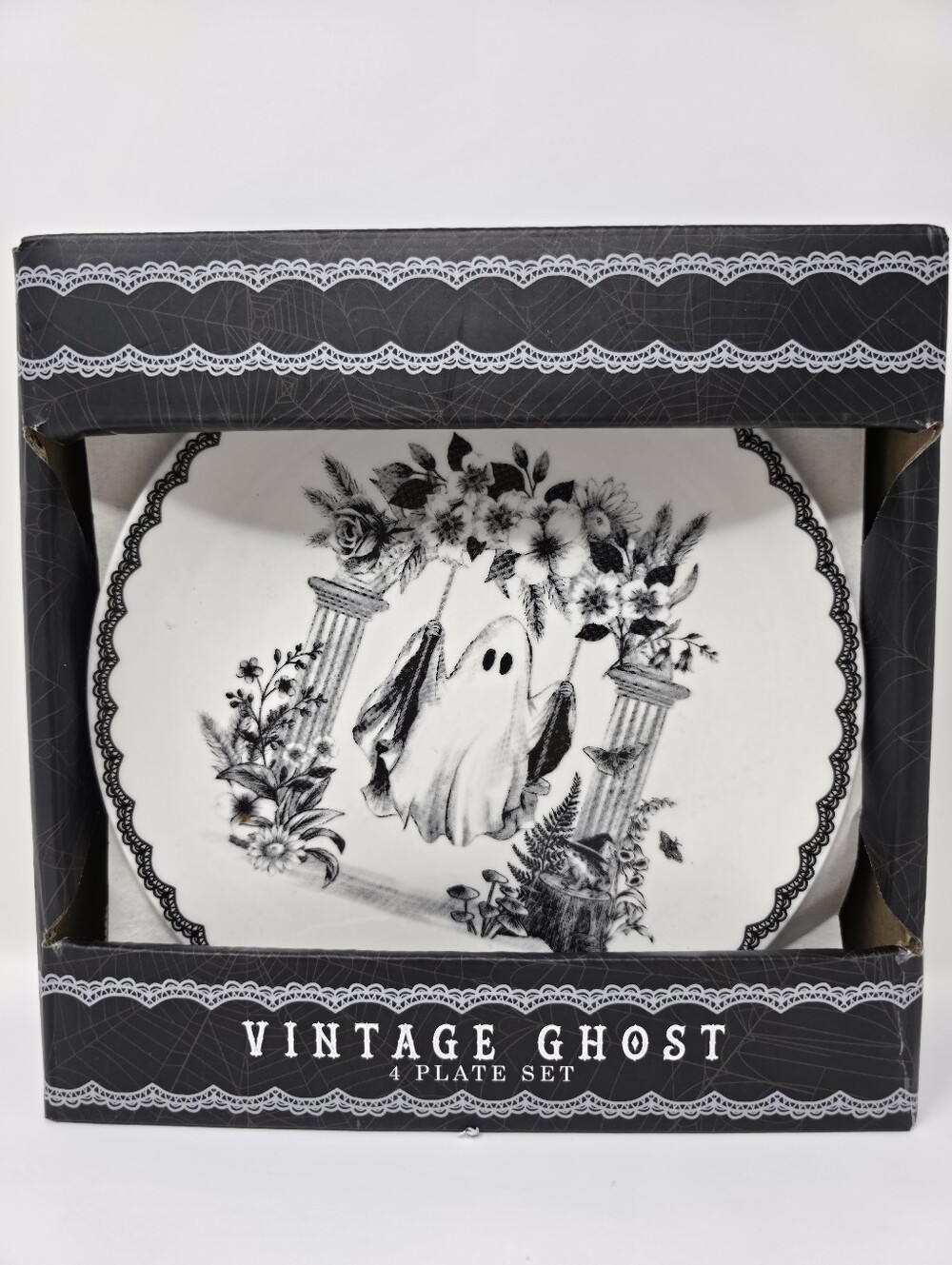 New! Vintage Ghost 4 Appetizer Ceramic Plate Set Skull Gothic